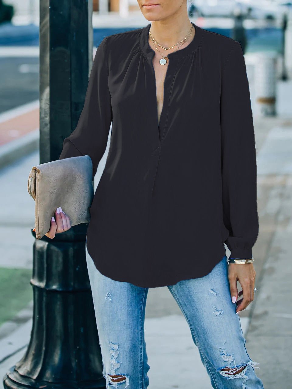 Blouses Loose Solid V-Neck Long Sleeve Blouse for Women