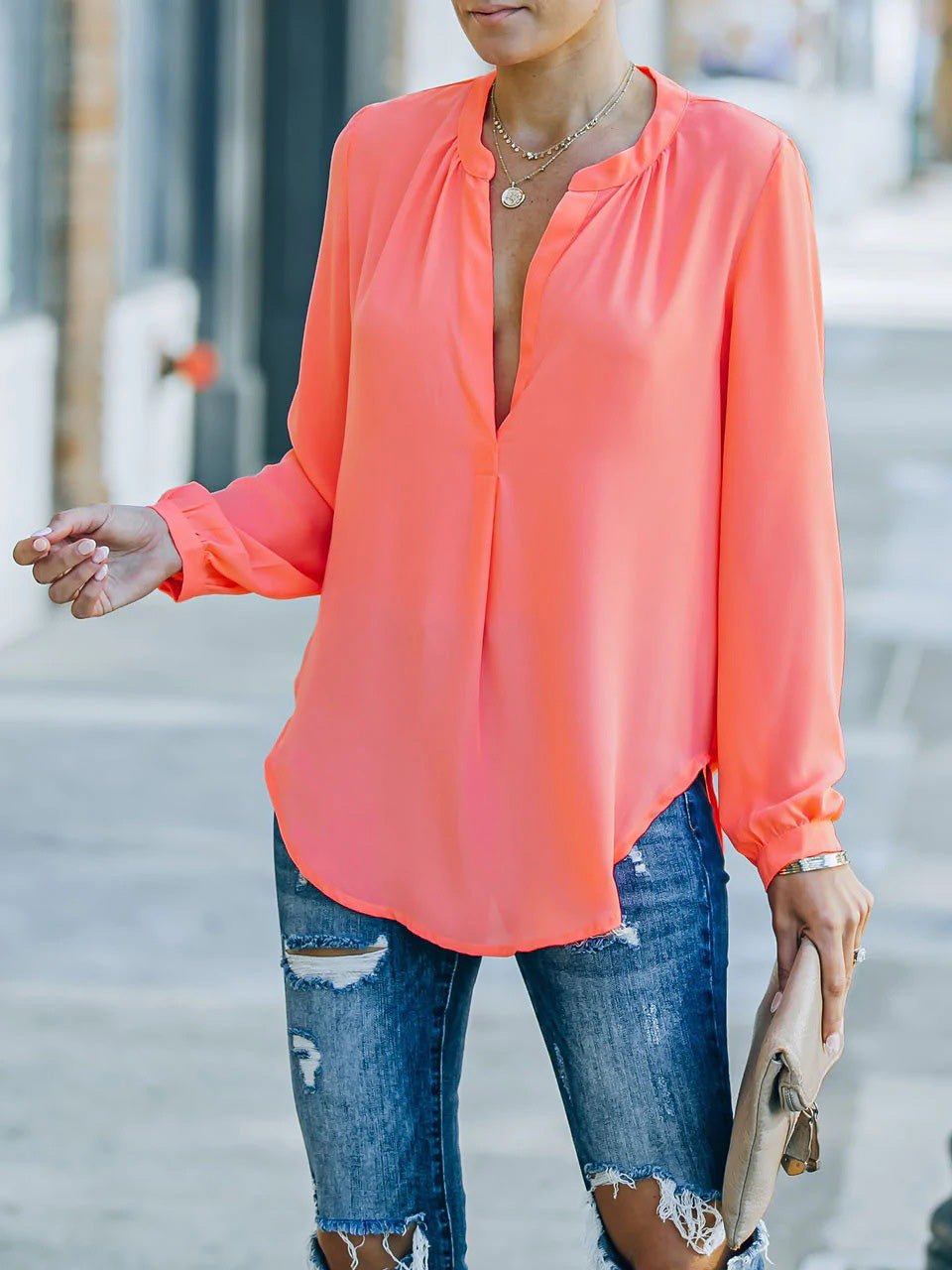 Blouses Loose Solid V-Neck Long Sleeve Blouse for Women