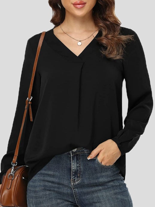 Blouses Loose Solid V-Neck Long Sleeve Blouse for Women