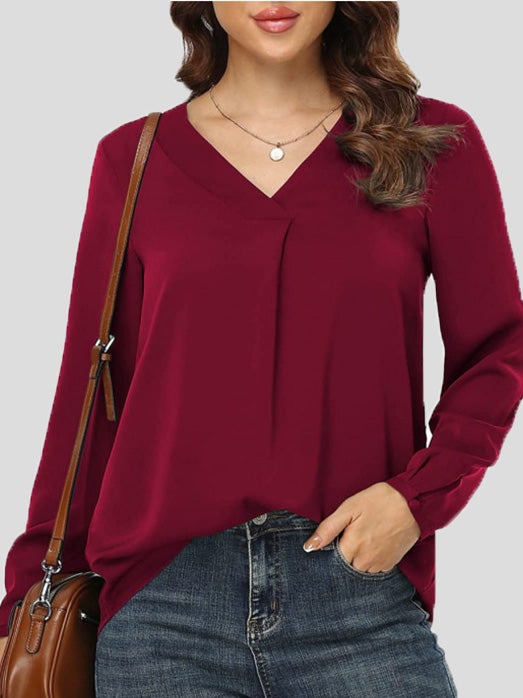 Blouses Loose Solid V-Neck Long Sleeve Blouse for Women