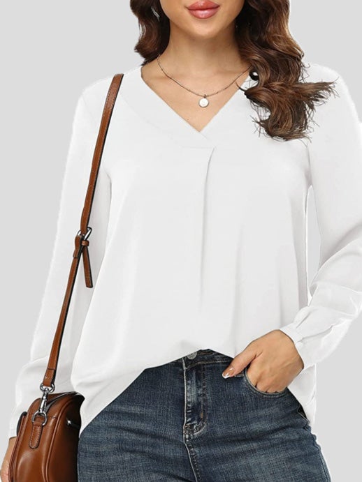 Blouses Loose Solid V-Neck Long Sleeve Blouse for Women