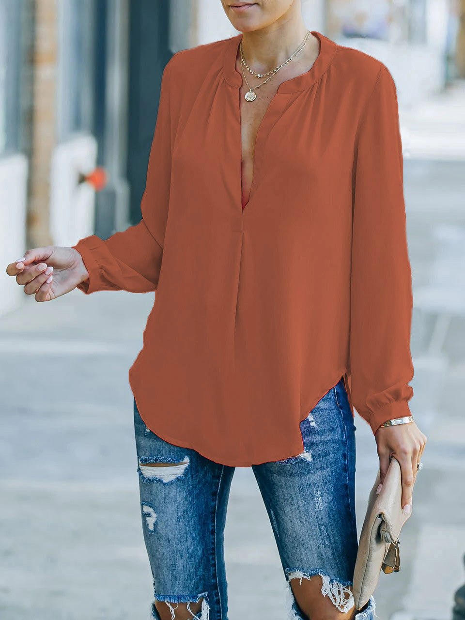 Blouses Loose Solid V-Neck Long Sleeve Blouse for Women