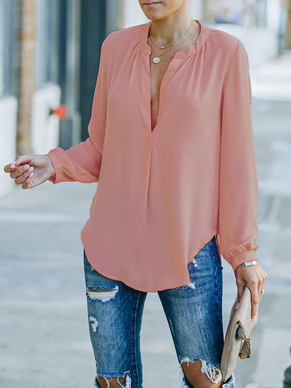 Blouses Loose Solid V-Neck Long Sleeve Blouse for Women