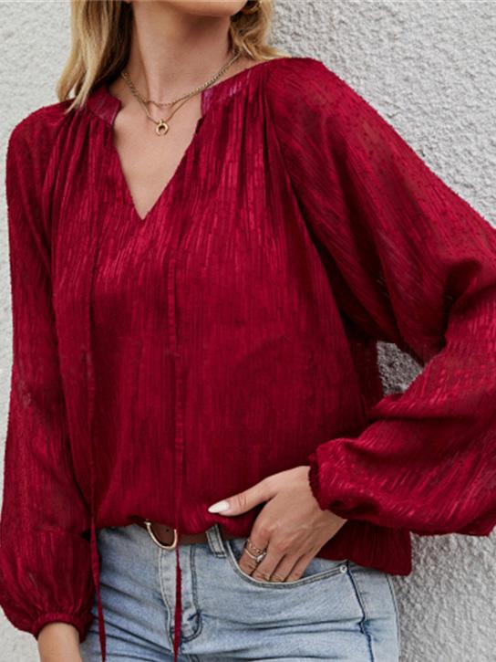 Blouses Loose Solid V-Neck Long Sleeve Blouse for Women