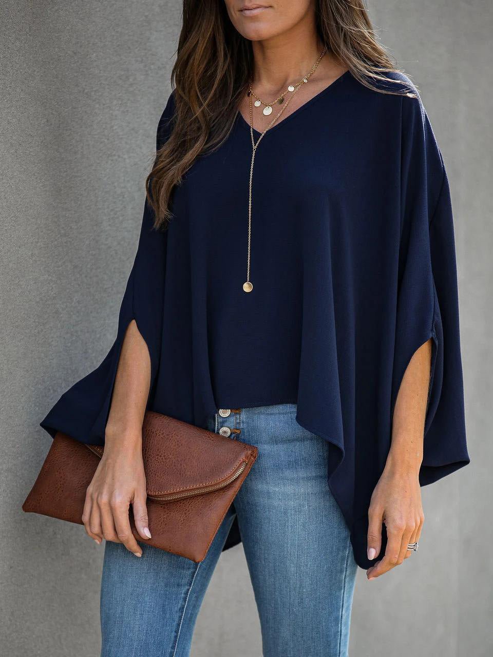 Blouses Loose V-Neck Dolman Sleeve Chiffon Blouse for Women