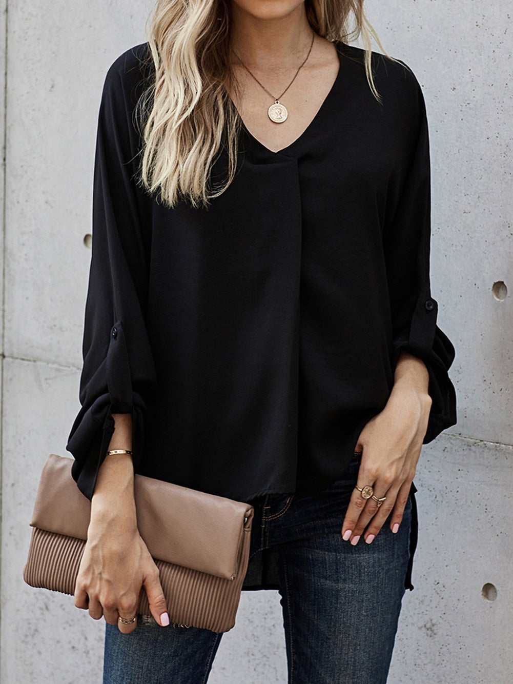 Blouses Loose V-Neck Irregular Long Sleeves Blouse for Women