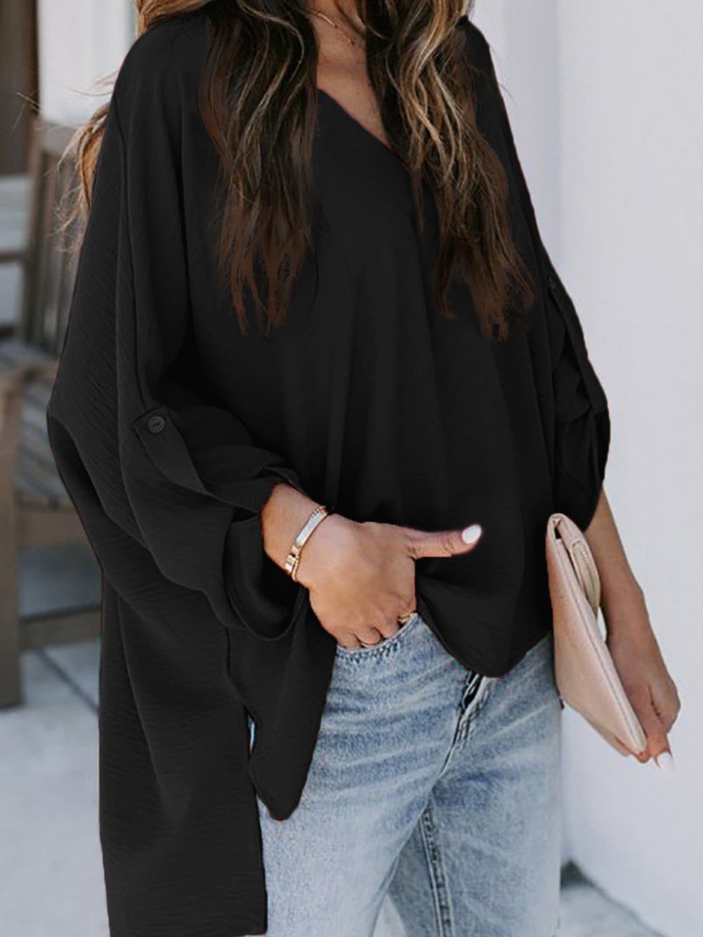 Blouses Loose V-Neck Irregular Long Sleeves Blouse for Women