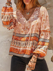 Blouses Loose V-Neck Printed Long Sleeve Blouse for Women