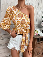 Blouses Printed One-Shoulder Sleeve Ruffle Tie Blouse for Women