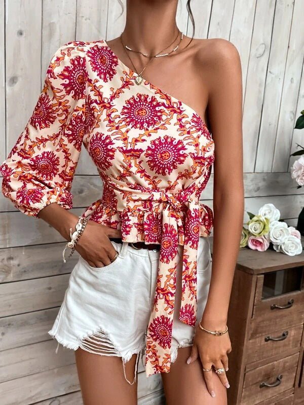 Blouses Printed One-Shoulder Sleeve Ruffle Tie Blouse for Women