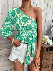 Blouses Printed One-Shoulder Sleeve Ruffle Tie Blouse for Women