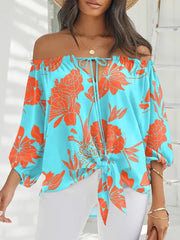 Blouses Printed One-Shoulder Tie Long Sleeve Blouse for Women