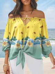 Blouses Printed One-Shoulder Tie Long Sleeve Blouse for Women