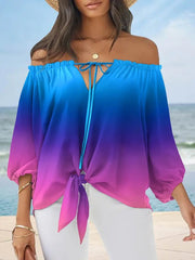 Blouses Printed One-Shoulder Tie Long Sleeve Blouse for Women