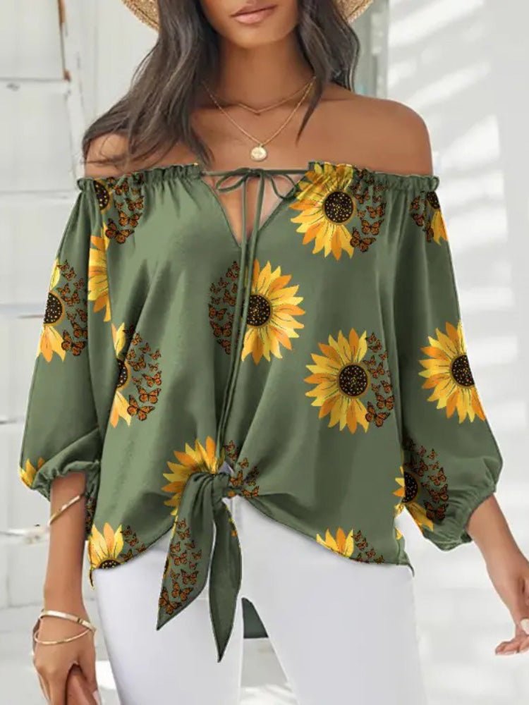 Blouses Printed One-Shoulder Tie Long Sleeve Blouse for Women