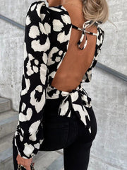 Blouses Printed Open Back Tie Long Sleeves Blouse for Women
