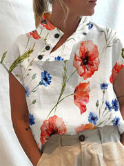 Blouses Printed Turtleneck Button Sleeveless Blouse for Women