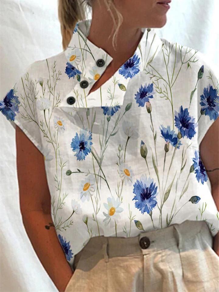 Blouses Printed Turtleneck Button Sleeveless Blouse for Women