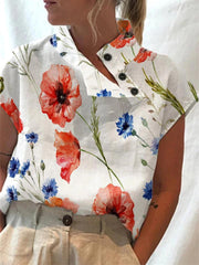 Blouses Printed Turtleneck Button Sleeveless Blouse for Women
