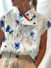 Blouses Printed Turtleneck Button Sleeveless Blouse for Women