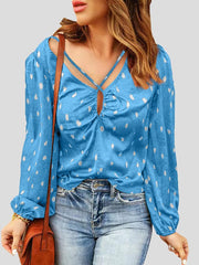 Blouses Printed V-Neck Cross Long Sleeve Blouse for Women