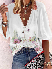 Blouses Printed V-Neck Lace Mid Sleeve Blouse for Women
