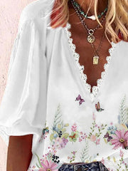 Blouses Printed V-Neck Lace Mid Sleeve Blouse for Women