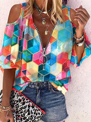 Blouses Printed V-Neck Zip Off-Shoulder Blouse for Women