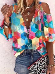 Blouses Printed V-Neck Zip Off-Shoulder Blouse for Women