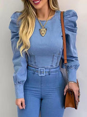 Blouses Puffy Sleeve Denim Long Sleeve Crop Blouse for Women