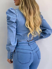 Blouses Puffy Sleeve Denim Long Sleeve Crop Blouse for Women