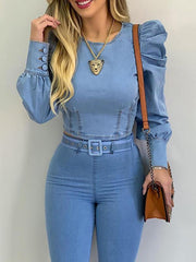 Blouses Puffy Sleeve Denim Long Sleeve Crop Blouse for Women