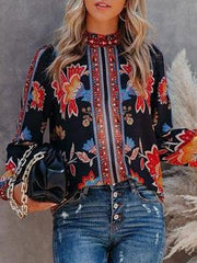 Blouses Retro Print Lantern Long Sleeve Casual Blouse for Women