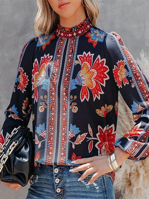 Blouses Retro Print Lantern Long Sleeve Casual Blouse for Women