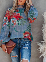 Blouses Retro Print Lantern Long Sleeve Casual Blouse for Women