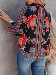 Blouses Retro Print Lantern Long Sleeve Casual Blouse for Women