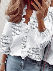 Blouses Ruffle Print V-Neck Long Sleeve Blouse for Women