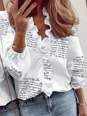 Blouses Ruffle Print V-Neck Long Sleeve Blouse for Women