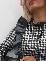Blouses Single-Breasted Houndstooth Long Sleeve Leather Blouse for Women