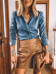 Blouses Single Breasted Long Sleeve Denim Blouse for Women