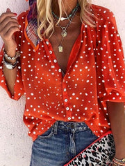 Blouses Snowflake Print V-Neck Button 3/4 Sleeve Blouse for Women