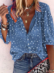 Blouses Snowflake Print V-Neck Button 3/4 Sleeve Blouse for Women