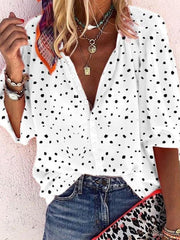 Blouses Snowflake Print V-Neck Button 3/4 Sleeve Blouse for Women