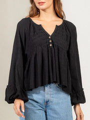Blouses Solid Button Balloon Sleeve Knit Blouse for Women