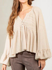 Blouses Solid Button Balloon Sleeve Knit Blouse for Women