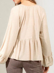 Blouses Solid Button Balloon Sleeve Knit Blouse for Women