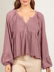 Blouses Solid Button Balloon Sleeve Knit Blouse for Women
