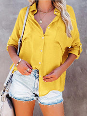 Blouses Solid Button Pocket Bat Long Sleeve Blouse for Women