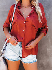 Blouses Solid Button Pocket Bat Long Sleeve Blouse for Women