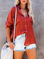 Blouses Solid Button Pocket Bat Long Sleeve Blouse for Women